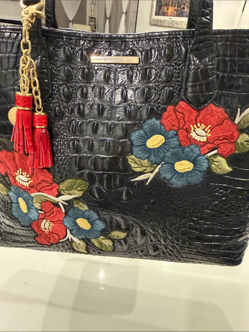 Brahmin Black Floral Embroidered Tote Bag with Red Tassel Charm - Picture 5 of 17